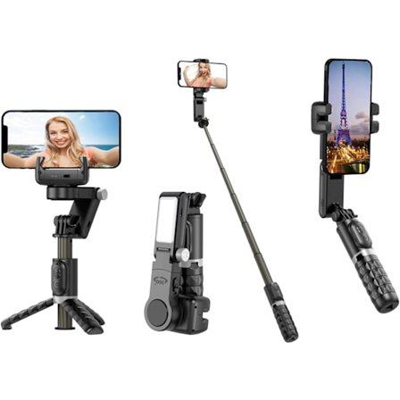 Smartphone gimbalstabilisator, 2-akset automatisk ansigtssporing selfiestick med stativ og LED-lys