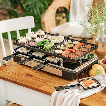 Raclette - Elektrisk bordgrill med dobbel grillplate og 8 raclettepanner