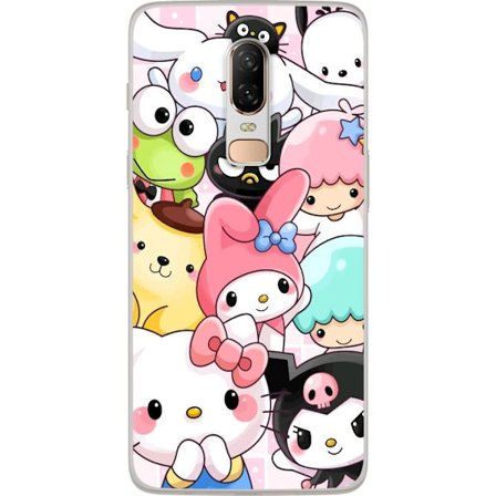 Yhteensopiva Puhelinkuori OnePlus 6 Tiheä kuvio suloisia hahmoja, joilla on suuret silmät eri väreissä ja ilmeissä LABUBU-tekstillä