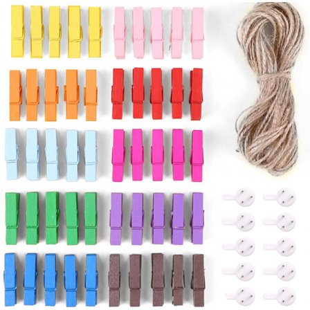 50 stk. Fotoklips - Med 10m Jute Snor - Mini Klips - Kort Klips - Fotoklips - Fotoklips - Fotoholder - Tøjklemmer - Fødselsdag Tøjklemmer -