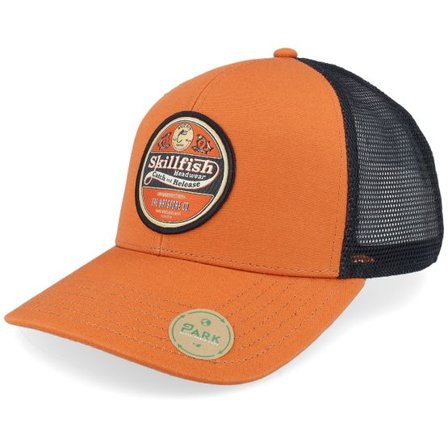 Skillfish - Orange trucker Keps - Retro Fishing Logo Rust/Black Sustainable Trucker @ Hatstore