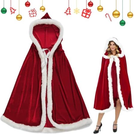 Red Hooded Christmas Cloak - Santa Cape for Women, Christmas Costume & Cosplay, Perfect for Christmas Party and Masquerade
