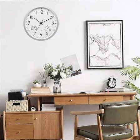 Koristeellinen pyöreä ulkokello lämpömittarilla ja kosteusmittarilla, suuri seinäkello, tyylikäs retro, hiljainen