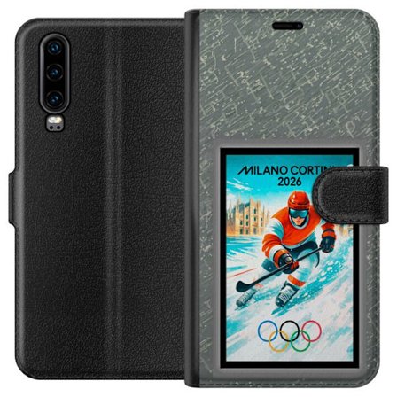 Yhteensopiva Lompakkokotelo Huawei P30 Curlingkuvitus pelaajilla ja kivillä jäällä, Milano Cortina 2026, lumisia roiskeita ja olympiasormukset