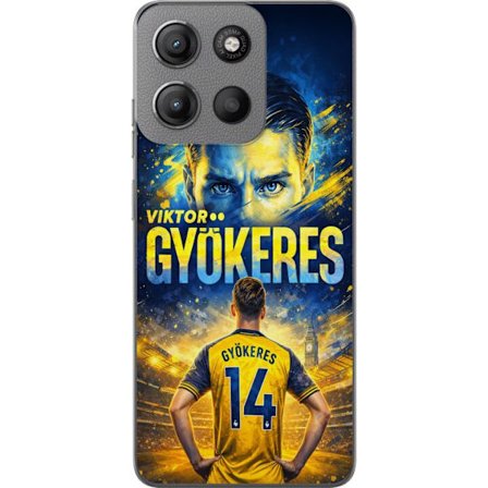 Kompatibelt Mobildeksel til Motorola Motorola Moto G15 Viktor Gyökeres fotballplakat i gult og blått med dramatisk stadionbakgrunn, sportillustrasjo