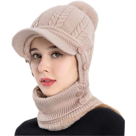 3 i 1 Damelue Sjal Sett Vinter Strikket Lue med Visir og Avtakbar Maske Dame Strikket Sykkel Ski Lue Beanie(Khaki)