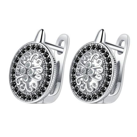 925 Silver Nål Hollow Out Svart Kristall Oval Blomma Båge Örhängen För Kvinnor