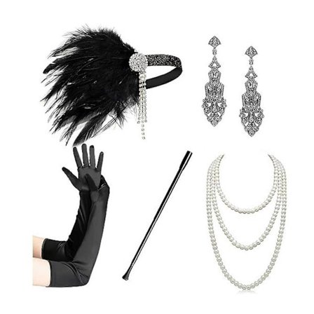 Vintage Flapper -asu 1920-luvun naisille, päähine, satiinikäsineet, korvakorut, kaulakoru, tanssiaistarvikesetti 23PESET687