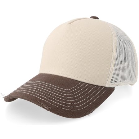 Equip - Beige trucker Caps - Distressed Stone/Brown Pigment Washed A-frame Trucker @ Hatstore