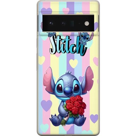 Yhteensopiva Puhelinkuori Google Pixel 6 Pro Romanttinen kuvaus Stitchistä, joka pitää punaisia ruusuja raidallista taustaa vasten