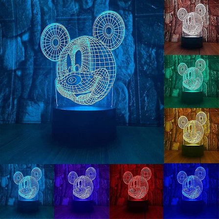 Söt Mickey Mouse huvud 3d LED optisk illusion akryl nattlampa med fjärrkontroll 7 färger ändra dimbar USB-driven sovrumsdekor