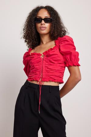NA-KD Boho Haut en coton avec broderie anglaise - Tops manches longues - Rouge - EU 36