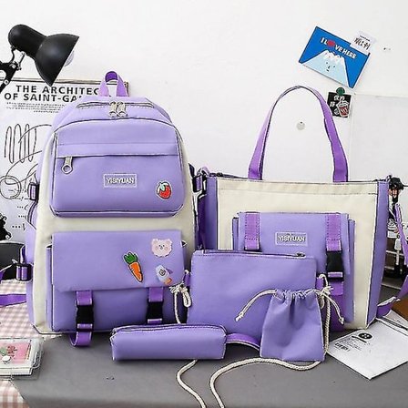 Nya 4 st set Lila färg Barn skolryggsäck Kawaii dam ryggsäck Bokväska Skolväskor för tonåringar flickor Mochila