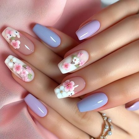 24 stk Glansfulle Akryl Press-on-negler med Blomster, Lang Form Løsnegler