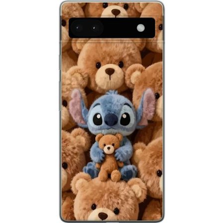 Kompatibelt Mobildeksel til Google Pixel 6a Stitch omgitt av brune teddybjørner med en liten teddybjørn i fanget i en søt og koselig kawaii-design