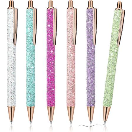 6 kpl Bling Kimalteleva Metallikynät, Sisäänvedettävät Kuulakärkikynät Söpö Glitter 1.0mm Musta Muste Hienokärkinen Lahja Kirjoittaminen 