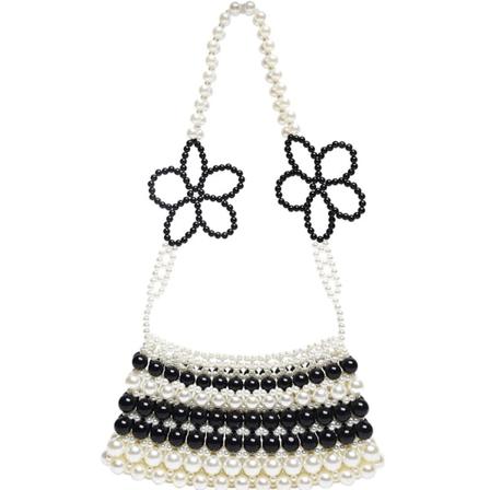 Modetaske med Perler og Blomster, Kunstig Perle, Skuldertaske, Messenger Taske, Luksus Håndtaske, Sommerstrand Pung og Clutch Tote Taske, Sort og Hvid