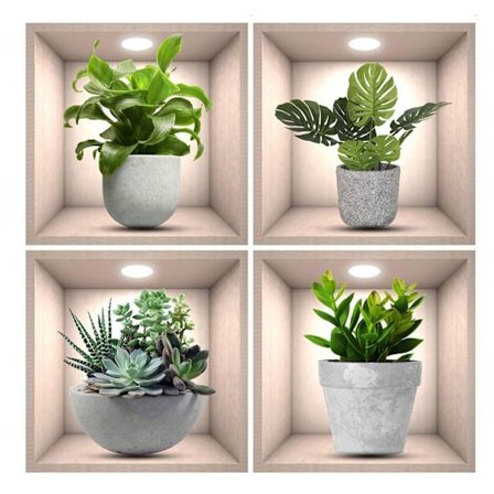 4st 3D Plant Wall Stickers Gröna Växter Wall Sticker Peel and