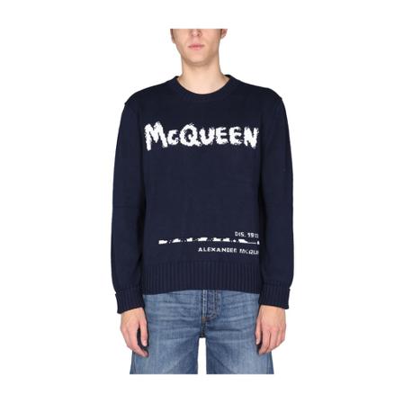 Alexander McQueen, Round-neck Knitwear Blauw, Heren, Maat:L,Cotton