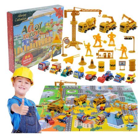 Bilar adventskalender for barn gutter 2025 jul, 24 trekk tilbake kjøretøy lekesett med kranhelikopter traktor konstruksjon tru