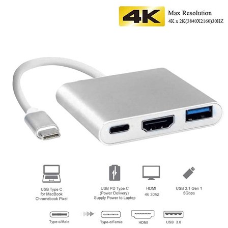 USB-C-adapter for Macbook - HDMI & USB 3.0 Sølv