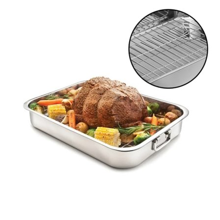 Grillpanna med galler, ugnsform i rostfritt stål, stekpanna, ugnsform, 42x 32x 6,5 cm