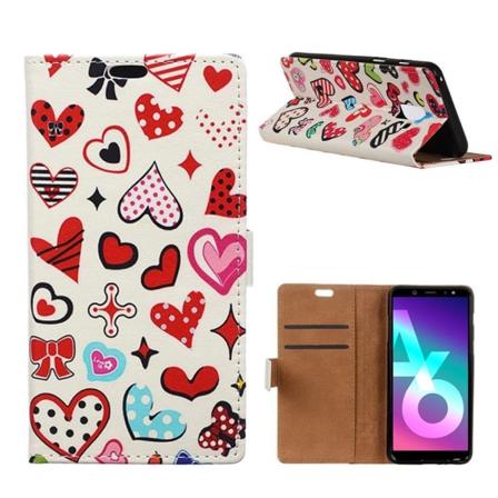 Samsung Galaxy A6 Kuviollinen Seisova Nahka Lompakko Kuori - Värikkäät Sydämmet Multicolor