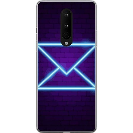 Yhteensopiva Puhelinkuori OnePlus OnePlus 8 Neonilta illuustraatio kirjekuoresta sinisessä valossa lila tiiliseinää vasten, nykyaikainen symboli vi