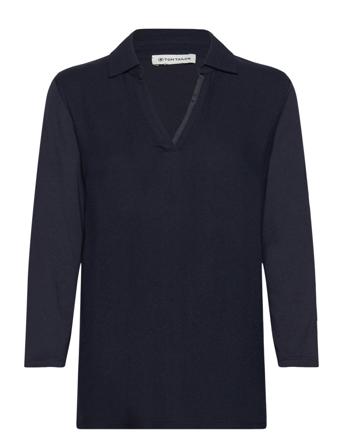 T-Shirt Fabric Mix W Collar Navy Tom Tailor