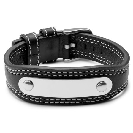 Black Leather & Silver-Tone Steel ID Bracelet for Men - Leather bracelets