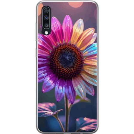 Kompatibelt Mobildeksel til Samsung Galaxy A70 Irideserende blomst med glitrende kronblad i rosa lilla og gull mot myk bokeh bakgrunn