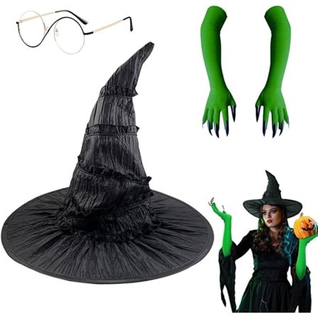 Elphaba Hekse kostume tilbehør med heksehat, troldmandsbriller og grønne klohandsker, Halloween karneval fest rolleleg kostume til voksne kvinder