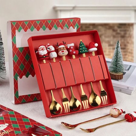 Christmas Spoon Tableware Set Gift box packaging Snowman Elk Coffee Spoon Santa Claus Fruit Fork Doll Spoon Gift Christmas Gift