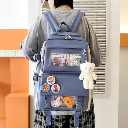 Reppu 4-osainen sarja Lukion laukut teini-ikäisille tytöille 2021 Canvas Muoti Matkalaukut Naiset Kirjalaukut Teini Opiskelija Koulureppu sininen-