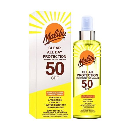 Malibu SPF 50 Clear Spray Sunscreen, High Protection, Dry Feel, Water Resistant 250 ml, Skincare, Solcreme, Solcreme Til Ansigtet