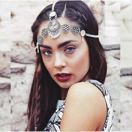 Boho Halloween Pandebånd med Hængende Metalkæde til Pande - Sølv - Retro Hårtilbehør til Festival, Bal, Fest, Hårsmykker