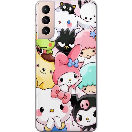 Kompatibelt Mobildeksel til Samsung Galaxy S21 Tett mønster av søte figurer med store øyne i ulike farger og uttrykk med LABUBU-tekst