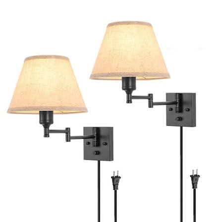 Vegglampe Sett med 2, Svingarm Vegglamper, Moderne Vegglampearmaturer for Soverom med Linskjerm for Lesing i Gang, Stue