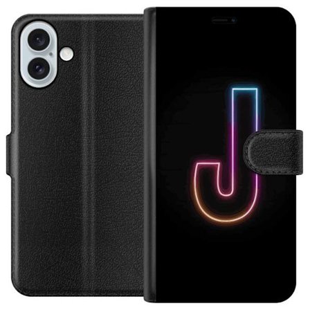 Yhteensopiva Lompakkokotelo Apple Apple iPhone 16 Plus Minimaalinen neonkirjain J värien vaihtuessa valossa mustaa taustaa vasten