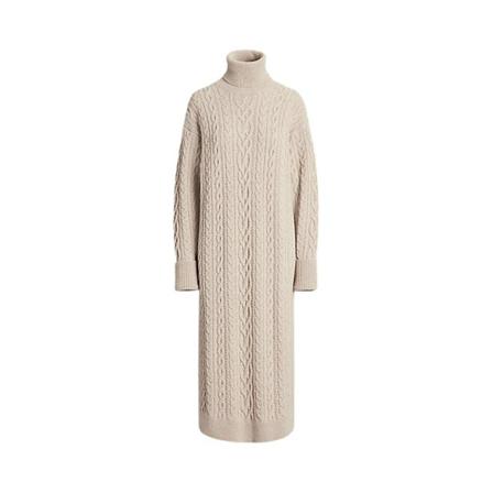 Polo Ralph Lauren Stickad långärmad klänning Brun beige, Dam Klänningar, Dam, Storlek: M
