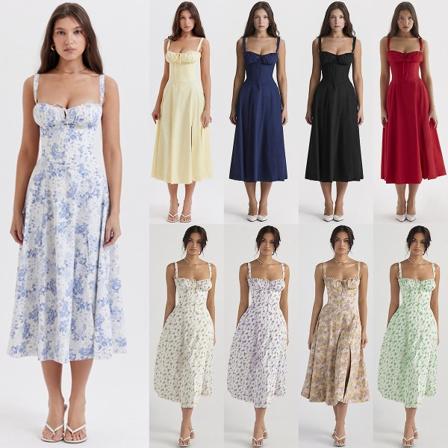 Blommönstrat print ärmlöst rynkad byst delat lår Boho midiklänning Carmen print bustier solklänning Red Flower Asia S EU XS