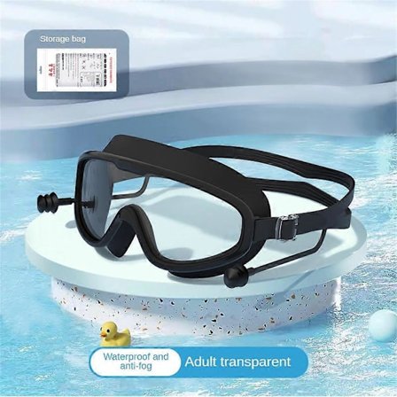 Svømmebriller til voksne med stor ramme, vandtætte og antidug HD svømmebriller, ørepropper i ét stykke, silikone svømmebriller