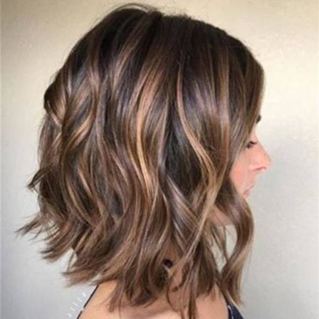 Dame Brun Bob Frisure Mellemlang Paryk Naturligt Krøllet Bølget Hår Fuld Paryk