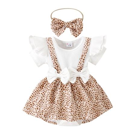 2st Baby Girl 95 % bomull Ribbstickad volanger Rosett Dekor Print Skarvad Kortärmad Romper & Pannband Set Brown 6-9 Months