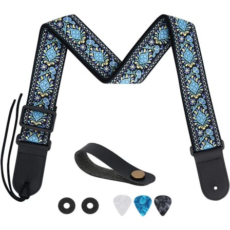 Gitarreim Jacquardvevd Gitarreim med Lærender - Myk Justerbar Akustisk Gitarreim for Elektrisk Bass, Leveres med Reimeknapp, 1 Par