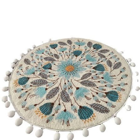 Liten rund matta 2ft med pom pom frans blommig växt tvättbar
