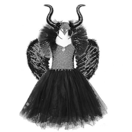 Halloween Costumes Kids Girls Black Dress Ankle Length Dresses Devil Costume Cosplay Outfits Horns Wings -a
