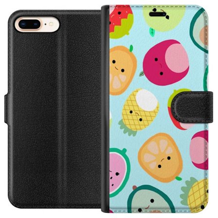 Kompatibel Tegnebogsetui til Apple iPhone 8 Plus Mønster af kawaii frugter som jordbær citron ananas og avocado på lyseblå baggrund