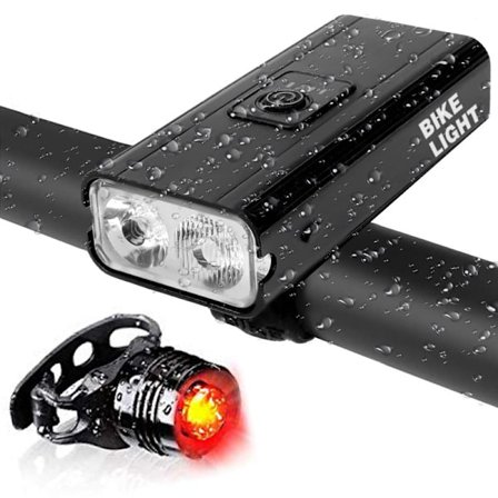 USB-laddningsbar vattentät cykelstrålkastare, med strömvisning - strålkastare + gem bakljus (enkelpackning)