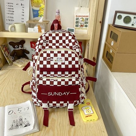 Skolerygsæk til studerende, college-rygsæk til piger, grundskoleelev, ny rygsæk med stor kapacitet, ternet rygsæk til gymnasiet - rød